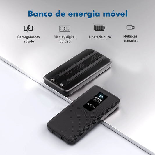 Carregador portátil Gleff Power Bank 10000mAh com cabos integrados e lanterna LED, compacto e prático para uso diário.