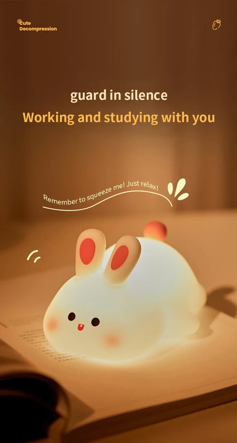 Luminária Coelho de silicone Touch LED da Gleff, abajur infantil recarregável com design de coelho fofo e luz suave.