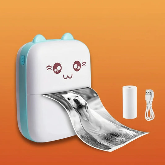 Mini impressora térmica Bluetooth Gleff de 58mm para fotos e etiquetas, exibida em uma superfície com papel compatível.