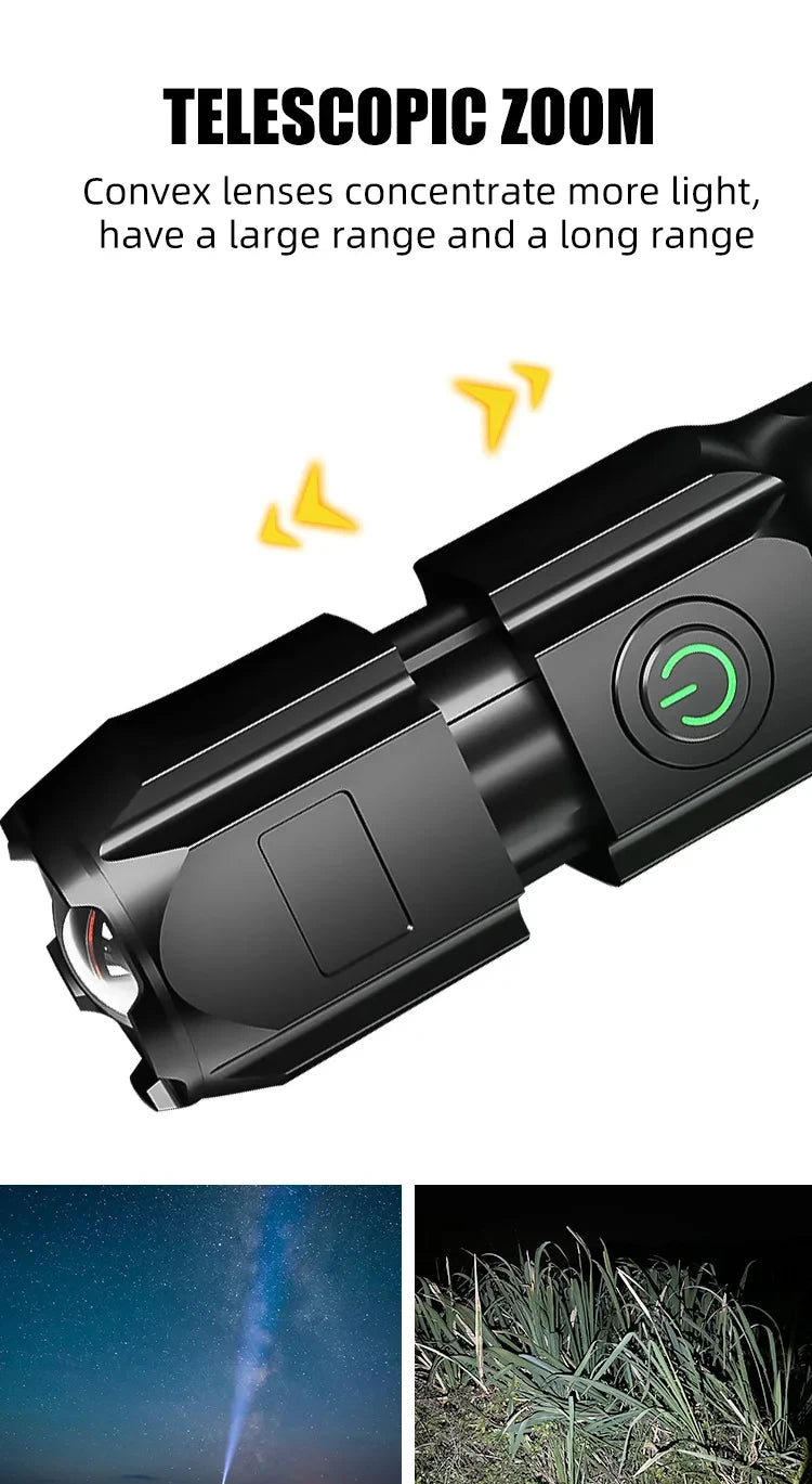 Lanterna LED de camping Gleff, recarregável por USB, alta potência, à prova d'água, ideal para atividades ao ar livre.