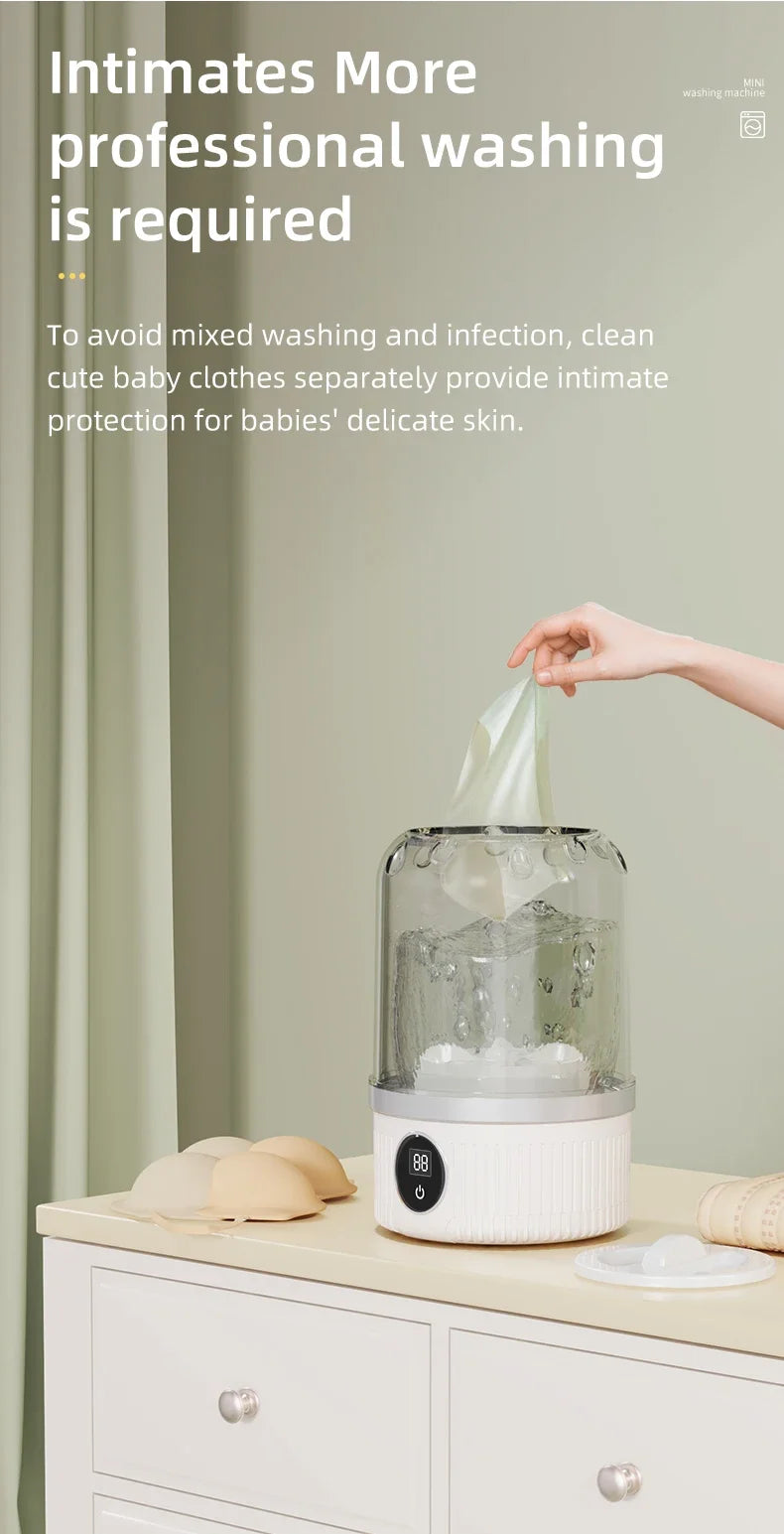 Mini lavadora elétrica portátil wireless Gleff para roupas íntimas e pets, com conexão USB e design compacto.