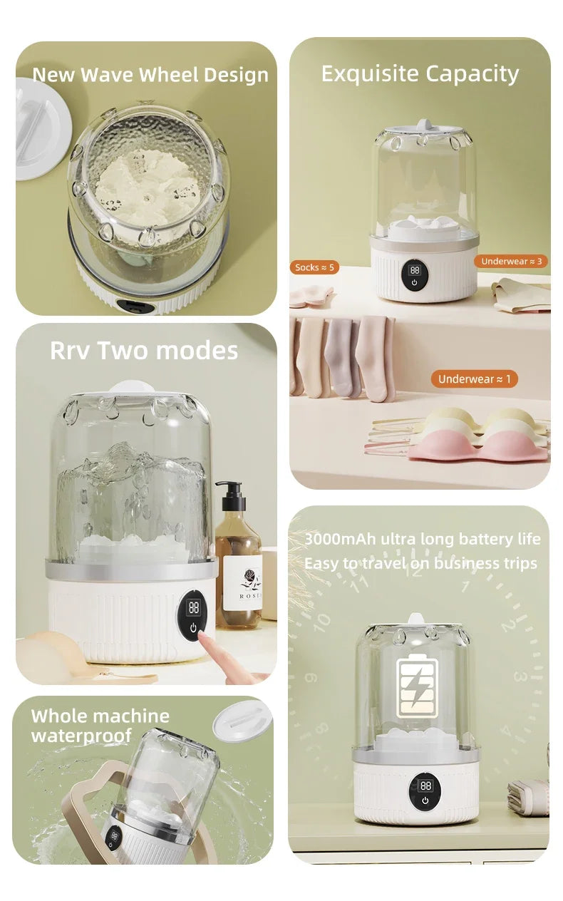 Mini lavadora elétrica portátil sem fio da Gleff, ideal para roupas íntimas e pet, com conexão USB.