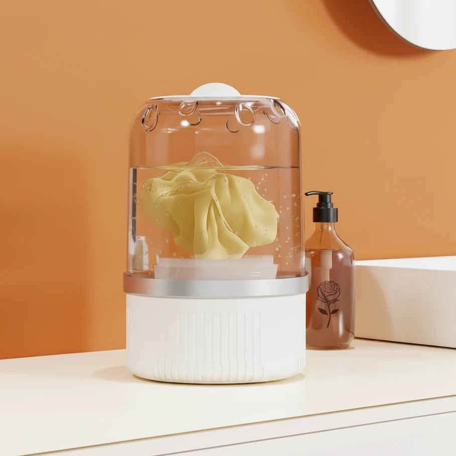 Mini lavadora elétrica portátil wireless Gleff para roupas íntimas e pet, com conexão USB, compacta e fácil de usar.