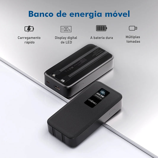 Power Bank Gleff de 20000mAh com cabos integrados e display digital USB-C, mostrando os cabos e o visor digital em uso.