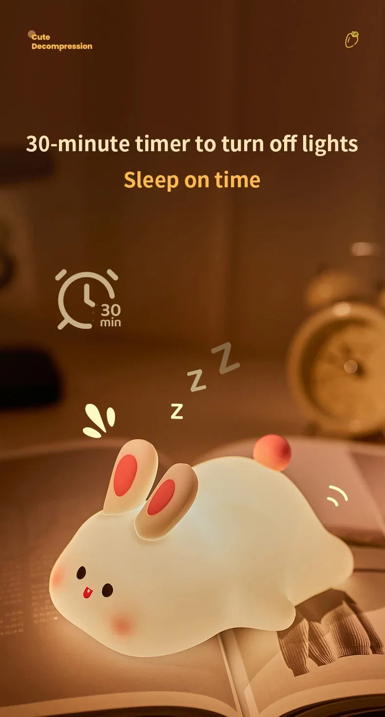Luminária Coelho de silicone touch LED da Gleff, abajur infantil recarregável, com design de coelho fofo e luz suave.