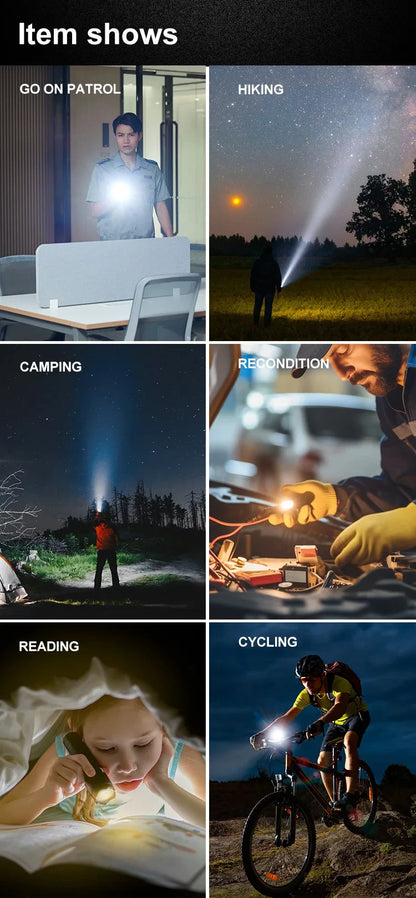 Lanterna LED de camping Gleff, recarregável via USB, à prova d'água, alta potência, ideal para atividades ao ar livre.