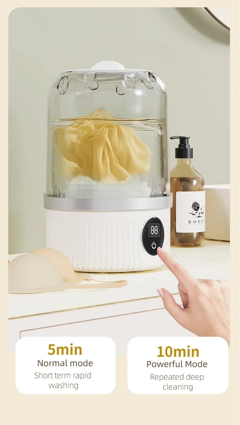 Mini lavadora elétrica portátil wireless Gleff para roupas íntimas e pet, com conexão USB, ideal para limpeza prática.