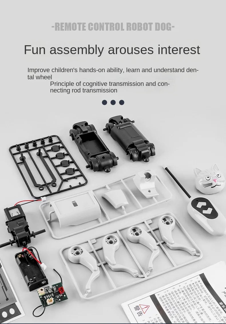 Robô cachorro controle remoto Gleff com design DIY, brinquedo educativo STEM para crianças, com detalhes coloridos.