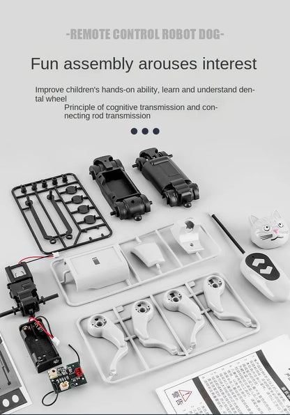 Robô cachorro controle remoto Gleff com design DIY, brinquedo educativo STEM para crianças, com detalhes coloridos.