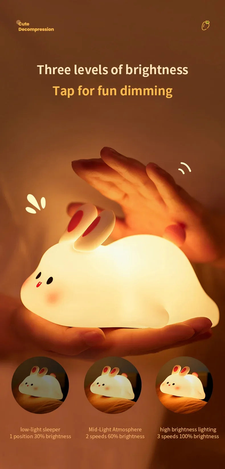 Luminária de silicone com formato de coelho da Gleff, Touch LED, ideal para quarto infantil, recarregável e portátil.