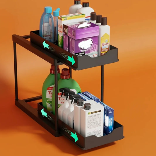 Organizador de cozinha duplo retrátil Gleff com suporte para pia e cinco ganchos, ideal para utensílios e organização.