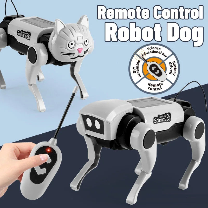 Robô cachorro controlado por controle remoto, brinquedo educativo STEM da Gleff, com detalhes coloridos e funções interativas.