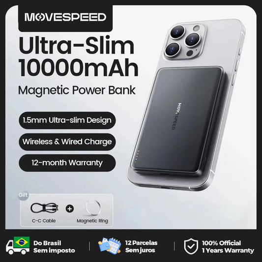 Power bank magnético Gleff de 10000mAh slim com carregamento rápido 20W, exibido na imagem com acabamento elegante e porta USB.