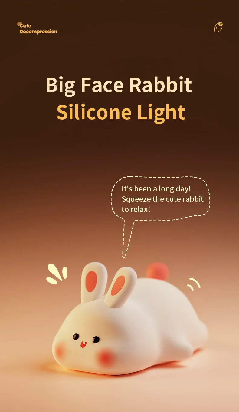 Luminária Coelho de silicone Touch LED da Gleff, abajur infantil recarregável, com design de coelho fofinho e luz suave.