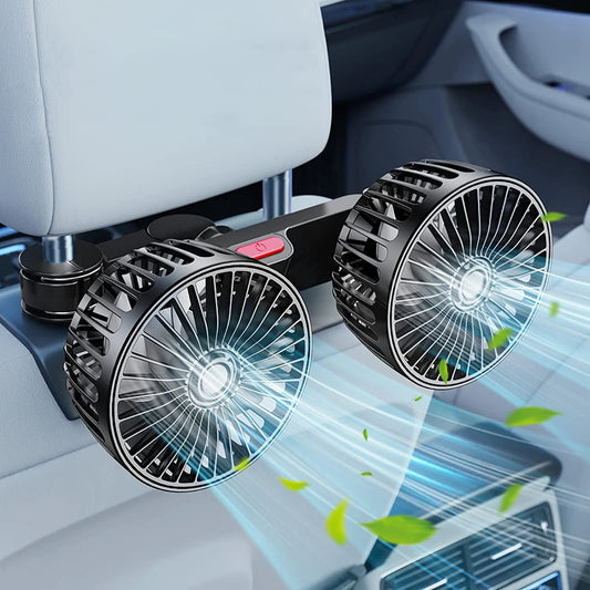 Ventilador duplo para carro Gleff com rotação de 360° e controle USB, resfriamento ajustável para maior conforto no veículo