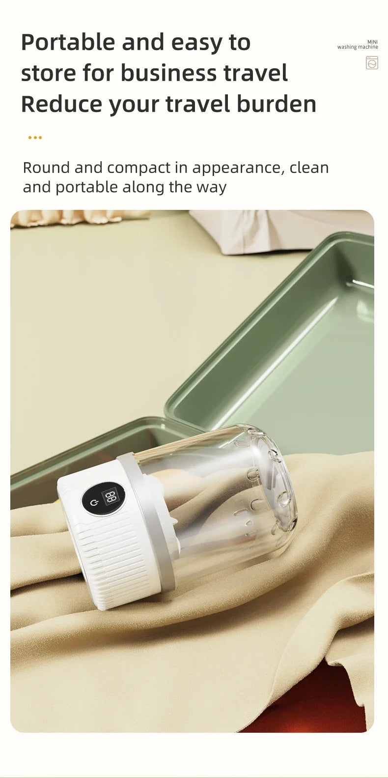 Mini lavadora elétrica portátil wireless Gleff para roupas íntimas e pet, com conexão USB, ideal para viagens e uso doméstico.