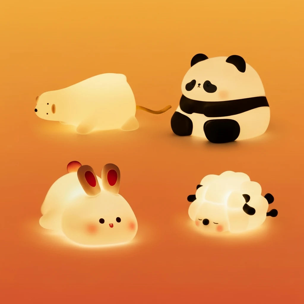 Luminária Coelho silicone Touch LED da Gleff, abajur infantil recarregável, com design de coelho suave e luz acolhedora.