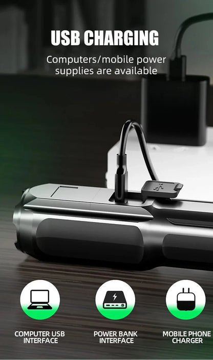 Lanterna LED de camping Gleff, recarregável por USB, alta potência e à prova d'água, iluminando ambientes ao ar livre.