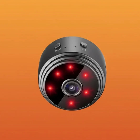 Câmera WiFi Mini Gleff A9 720P HD, monitoramento inteligente, wireless, compacta com lente e indicadores de conexão.