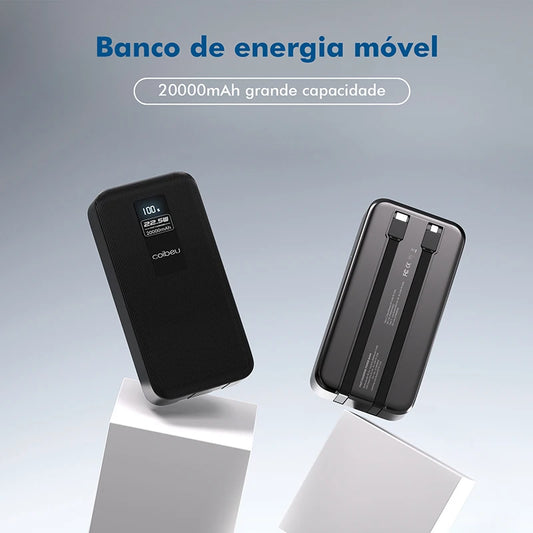 Banco de energia Gleff Power Bank 20000mAh com cabos integrados e display digital USB-C.