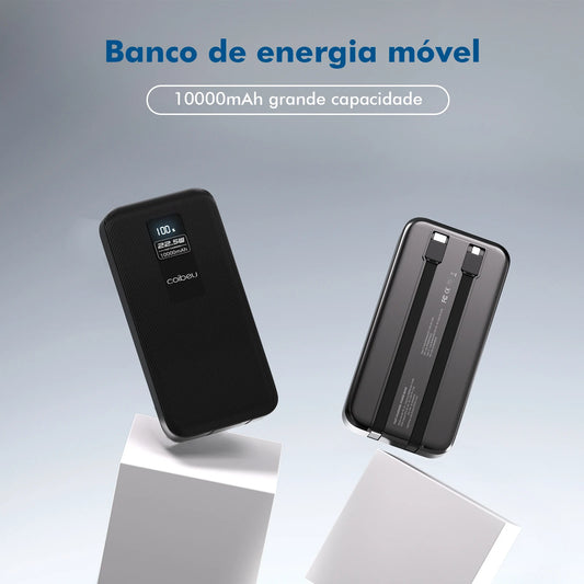 Power Bank Gleff 10000mAh com cabos integrados, lanterna LED e carregador rápido 23W, portátil e ideal para recarregar dispositivos.